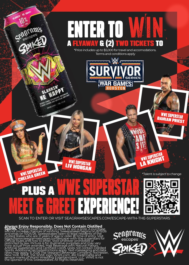 a graphic showing seagrams escapes spiked slammin me happy, and 4 pics of WWE superstars and a QR code that takes you to a sweepstakes entry form