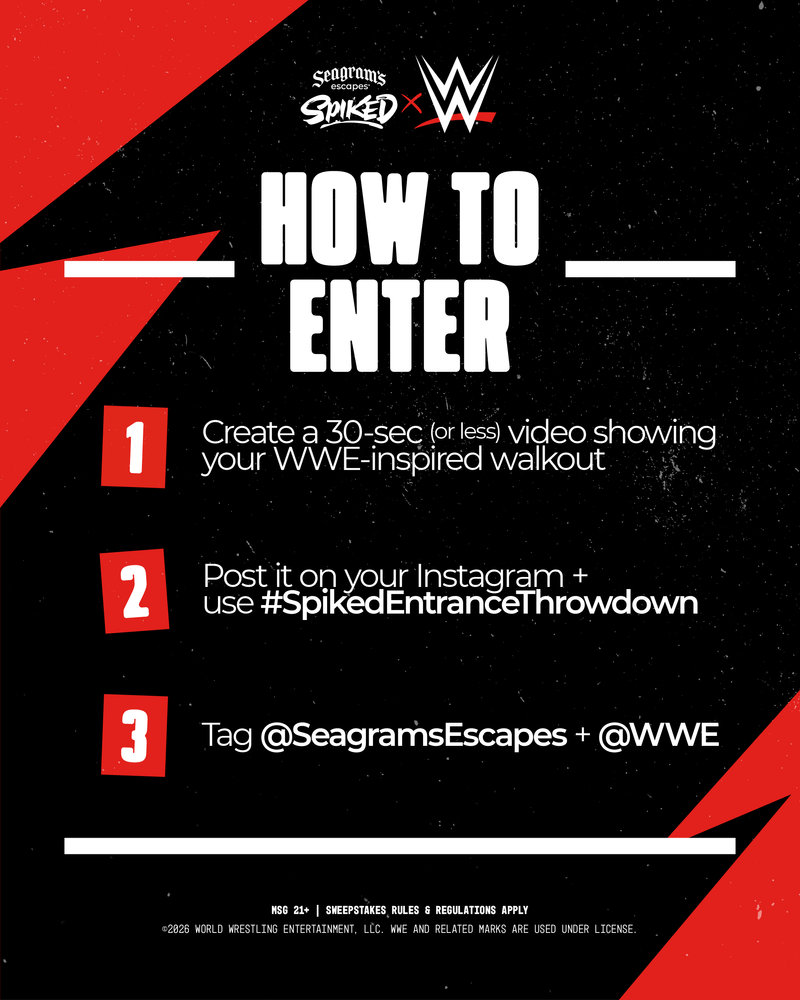 an image describing a list of how to enter THE SEAGRAM'S ESCAPES SPIKED WWE SUPERSTAR ENTRANCE THROWDOWN CONTEST - all directions listed in this image can be read below in the following terms and conditions on this page