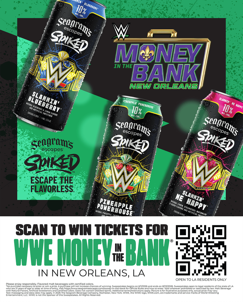a graphic showing 3 cans of Seagrams escapes Spiked and a logo that reads Money in the Bank New Orleans