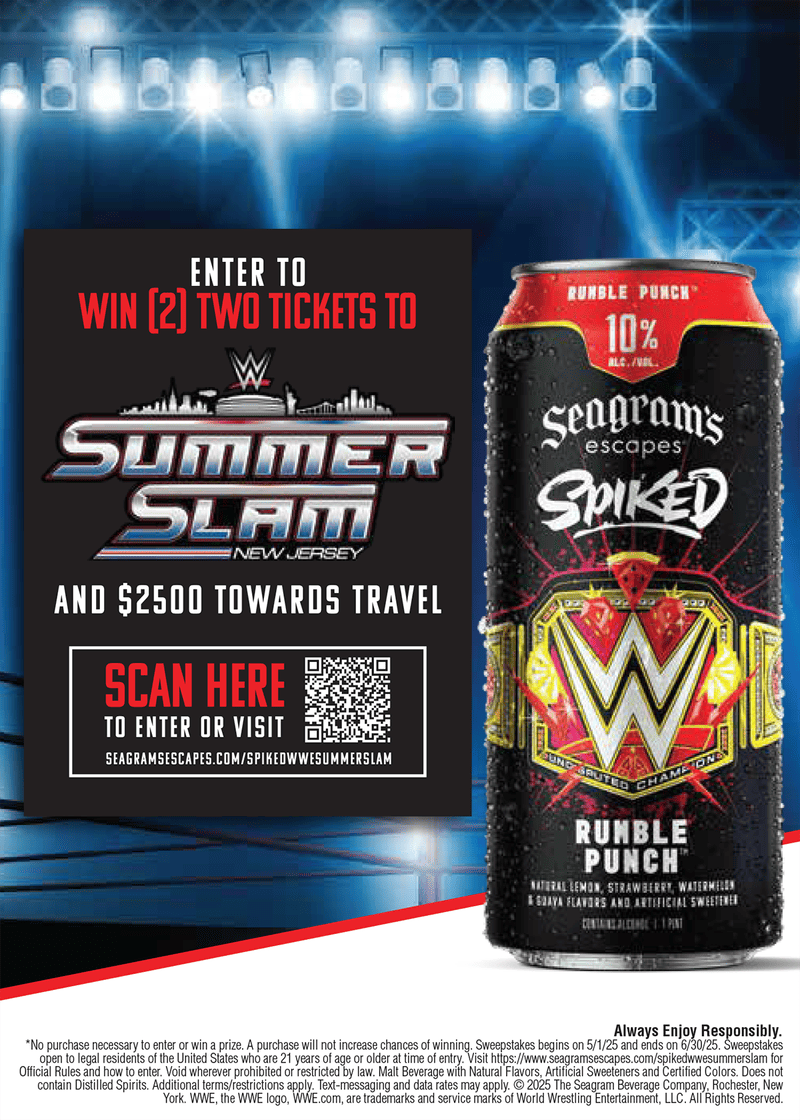 A graphic featuring a backdrop of a WWE stadium overlayed with a can of Seagrams Spiked Rumble Punch and a QR code that takes you to this sweepstakes page