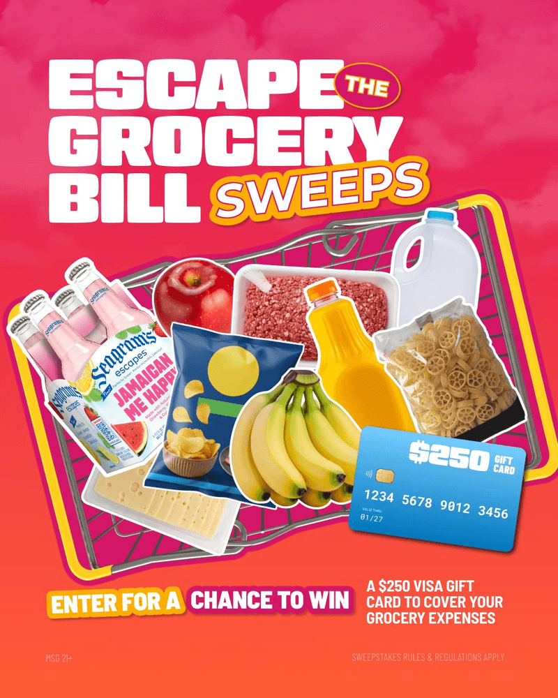 a graphic showing a shopping cart full of grocery items including Seagrams Escapes and an image of a $250 gift card