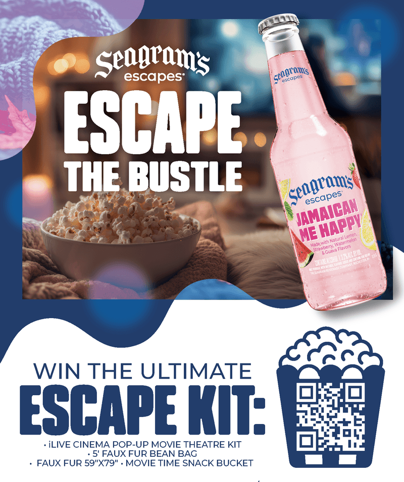 A graphic that reads Escape the Bustle over top an image of a bowl o