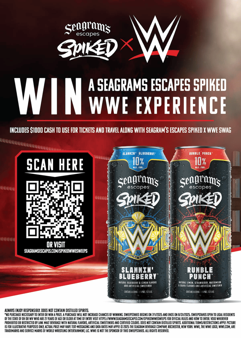 a graphic featuing 2 cans of Seagrams Spiked, one can slammin blueberry, the other rumble punch, both next to a qr code that takes you to the sweepstakes website