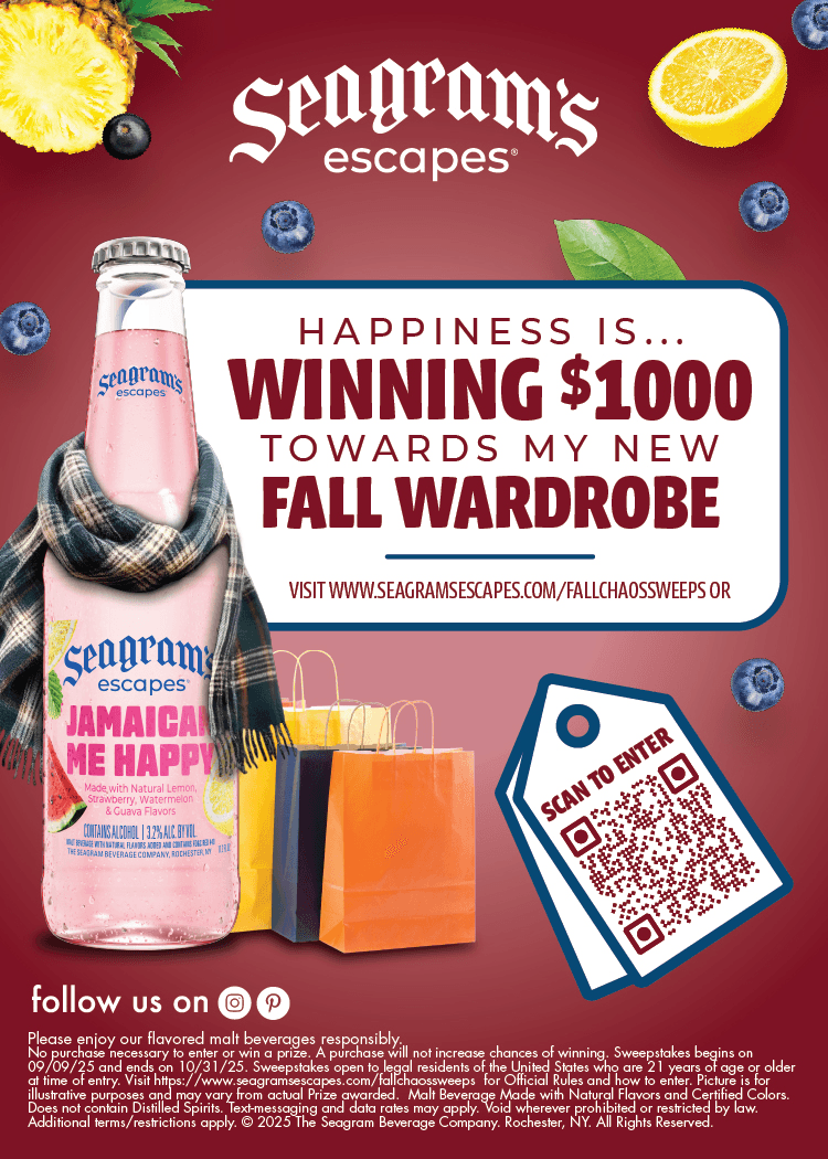 a graphic of a bottle of jamaican me happy wearing a scarf on a maroon background covered in fruit, there is a sign that reads Happiness is Winning $1000 towards my new Fall wardrobe