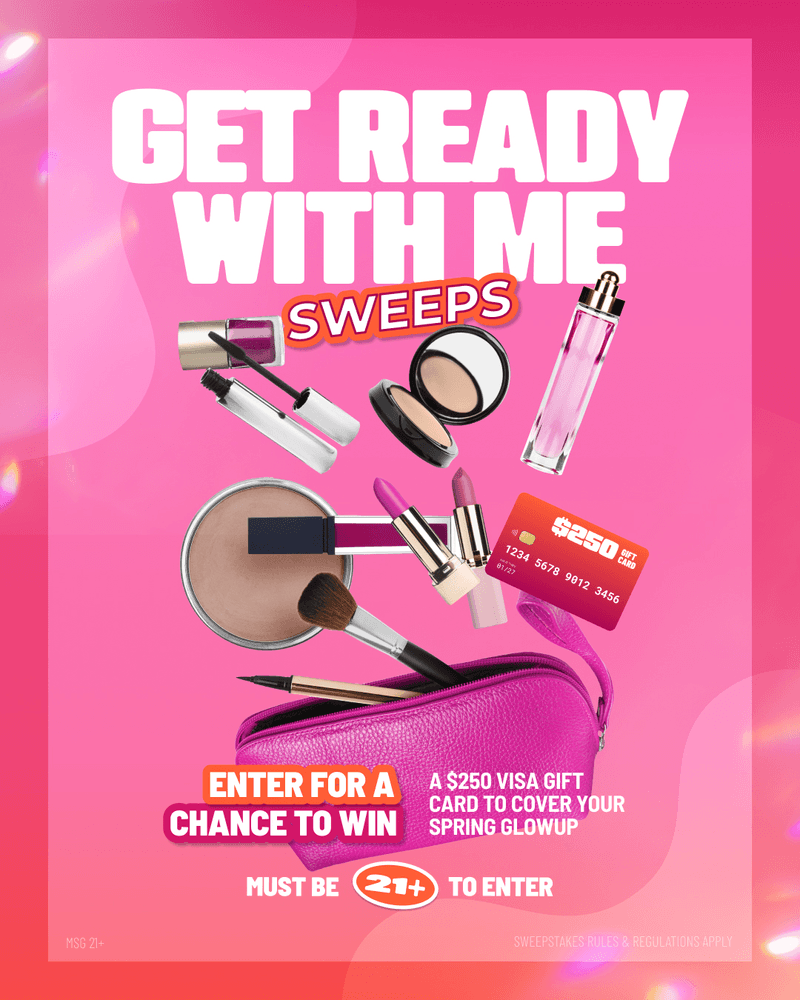 a graphic featuring a purse with makeups spilling out and text that reads, enter for a chance to win a $250 visa giftcard