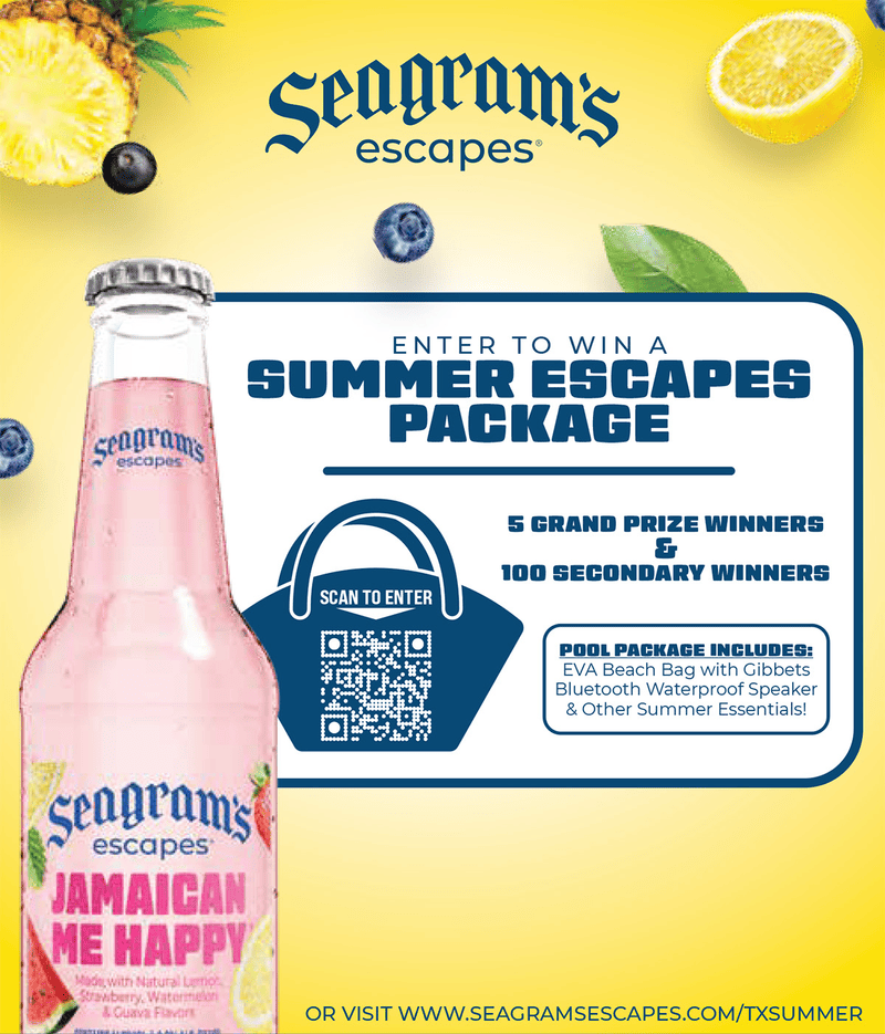 a graphic showcasing a bottle of Seagrams Escapes Jamaican Me Happy along with an illustration of a summer tote bag with text reading "Enter to Win a Seagrams Escapes Package, 5 grand prize winners, 100 secondary prize winners"