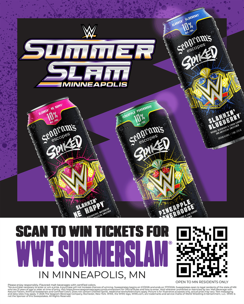 graphic that says Summer Slam Minneapolis, Scan to Win Tickets for WWE Superslam in Minneapolis, MN, QR code in bottom right corner