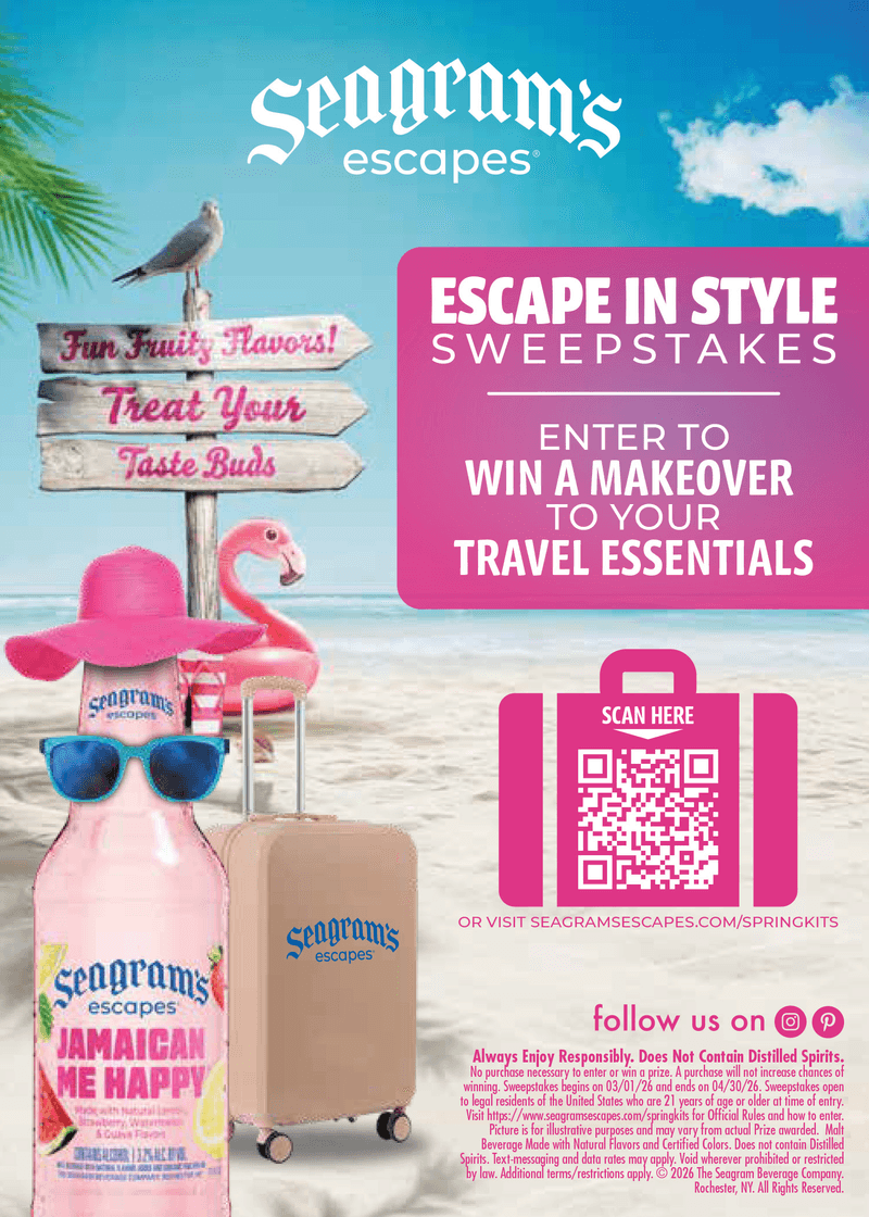 a graphic showcasing a seagrams escapes bottle on a beach dressed in a sun hat with sunglasses with text reading - Escape in Styles Sweepstakes - Enter to win a makeover to your travel essentials with a QR code leading to the sweepstakes website.