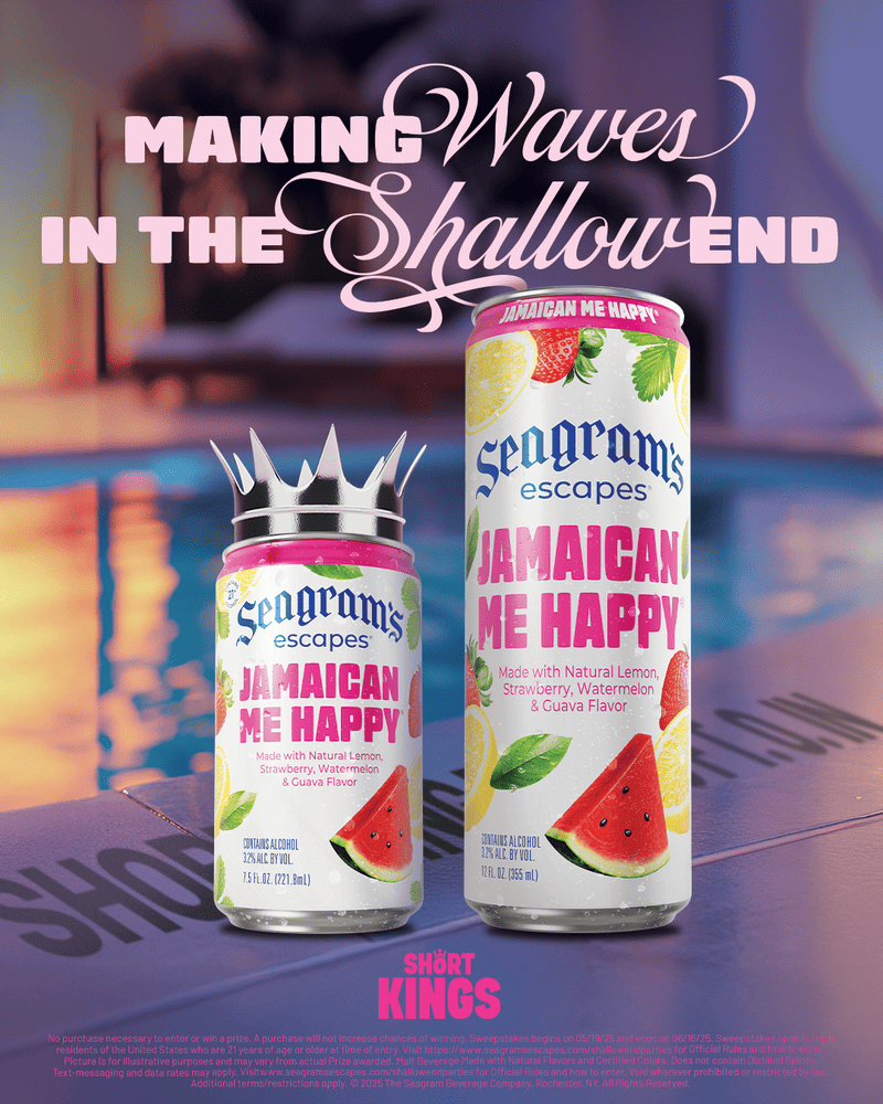 two cans (12oz and 7.5oz) of Seagrams Escapes Jamaican Me Happy, sitting next to a pool with a caption that reads "making waves in the shallow end"