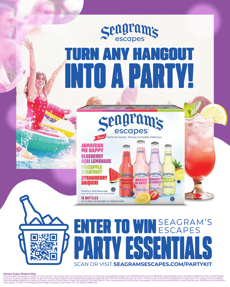 a graphic that reads - turn any hangout into a party! above images of a seagrams escapes case, a cocktail made with seagrams escapes and photos of people enjoying a pool party, QR code at bottom of page