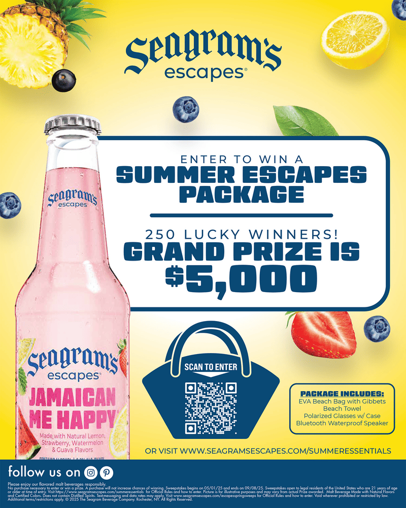 A graphic featuring a bottle of Seagrams Escapes Jamaican Me Happy surrounded by various fruits, Enter to Win a Summer Escapes Package, 250 luck winners, grand prize is $5000